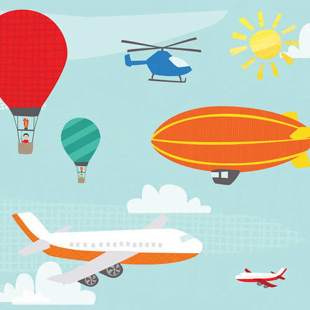 Whimsical sky scene illustration with hot air balloons, helicopter, blimp, airplane, and clouds on light blue background