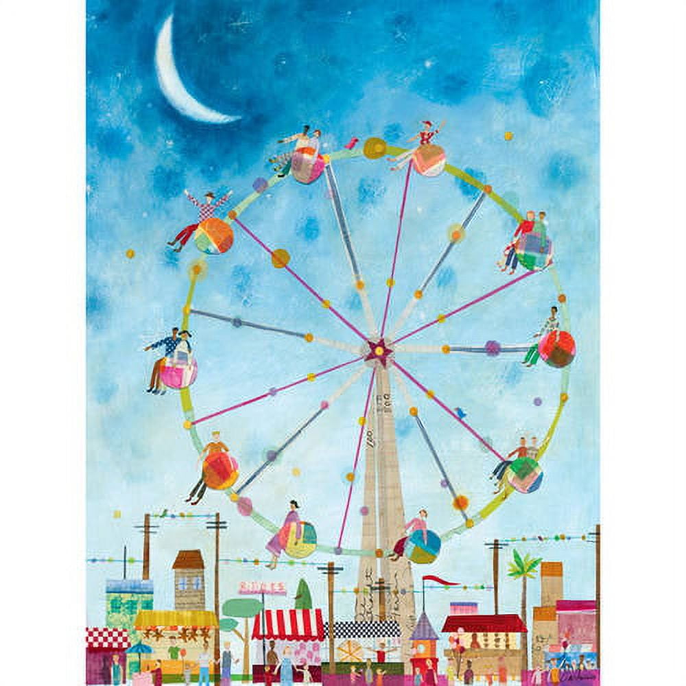 Colorful illustration of a Ferris wheel with children riding in bright baskets, set above a whimsical carnival town with a crescent moon in a blue starry sky