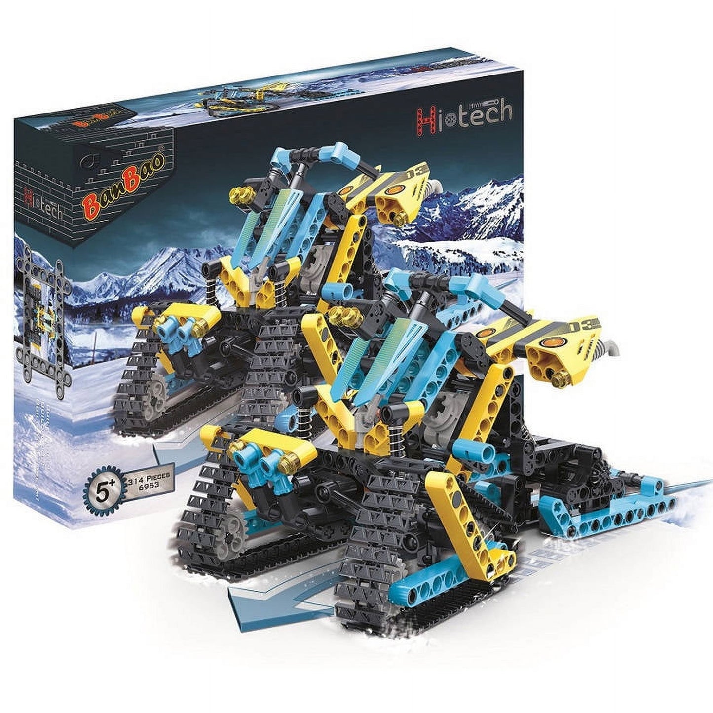 BanBao Snow Driver High-Speed Racer building kit with yellow and blue tracked vehicle and packaging box showing snowy mountain backdrop