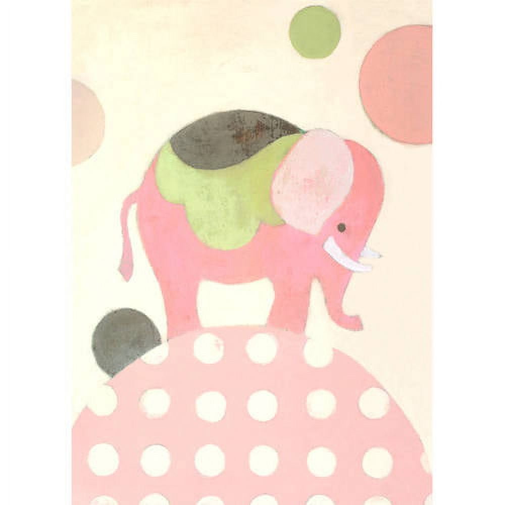 Pink elephant with green and gray accents standing on polka-dotted base, surrounded by colorful circles on cream background