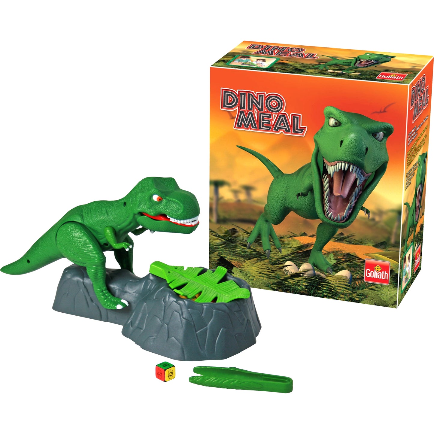 Dino Meal interactive board game with green dinosaur toy on gray rock base, dice, green feeding stick, and orange product box showing dinosaur with open mouth