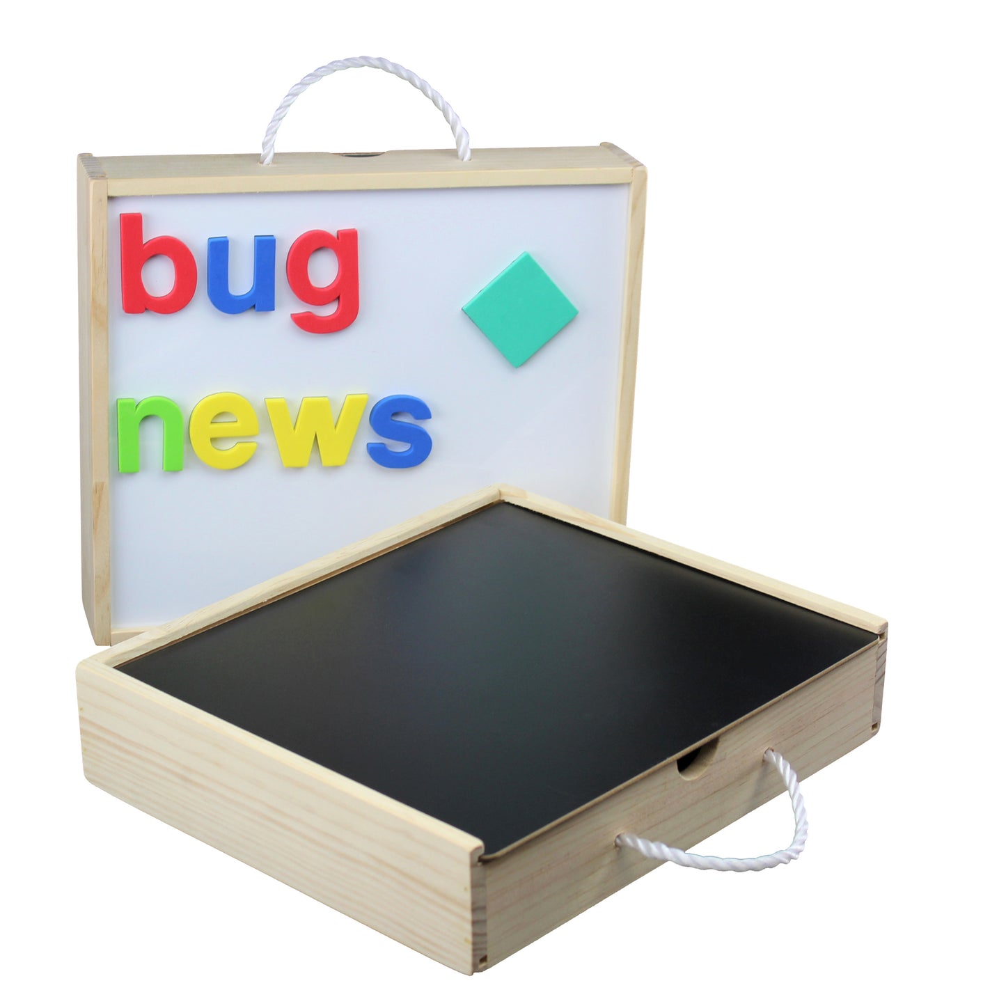 Wooden activity box with white magnetic board displaying colorful magnetic letters spelling 'bug news' and a turquoise diamond shape, with chalkboard surface on