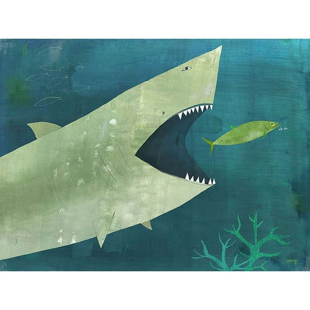 Illustrated canvas art showing a pale green shark with open mouth and sharp teeth approaching a small yellow-green fish in deep blue ocean water with seaweed