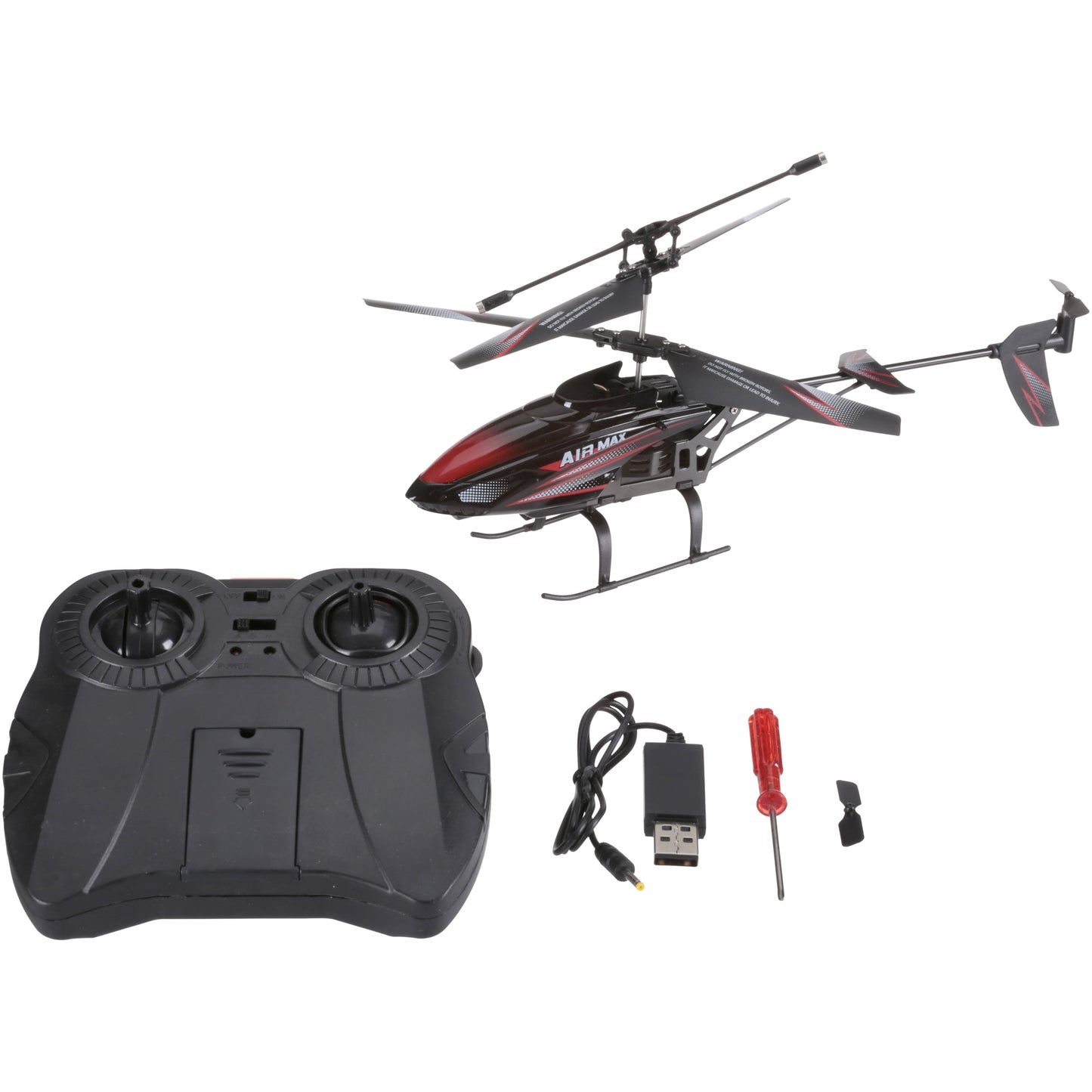 AIRMAX red and black remote control helicopter with controller, USB charger, screwdriver, and small parts displayed on white background