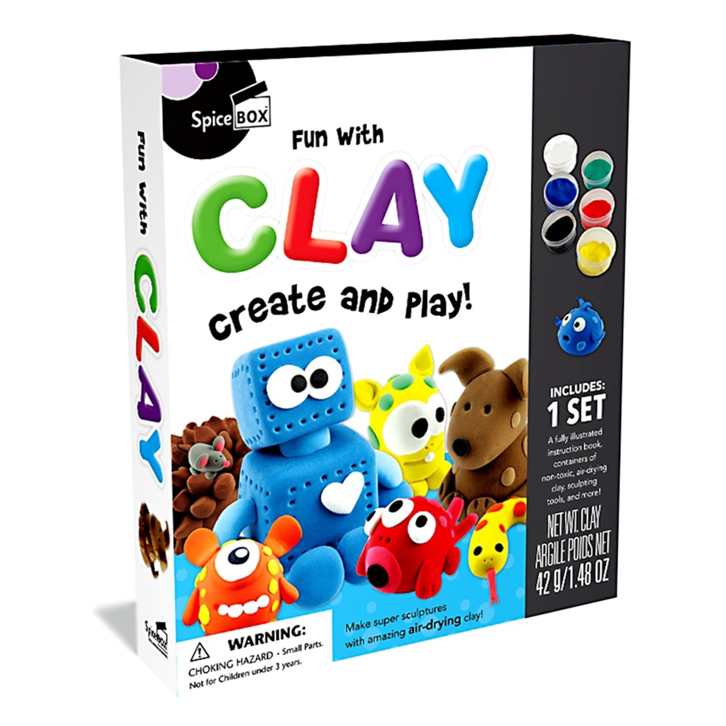 Spicebox Fun with Clay Create and Play kit box showing colorful air-dry clay characters with googly eyes and included paint pots on the side