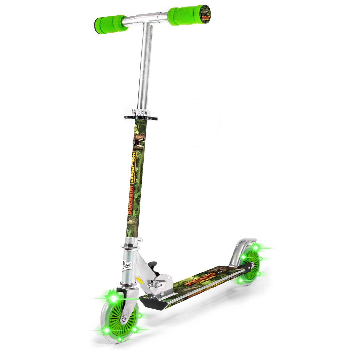 Dinosaur-themed scooter with bright green light-up wheels, silver T-bar handlebar with green foam grips, and camouflage-patterned deck