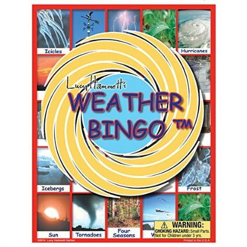 Lucy Hammett's Weather Bingo game box featuring a red border with yellow spiral design, weather photographs around edges labeled icicles, hurricanes, icebergs,