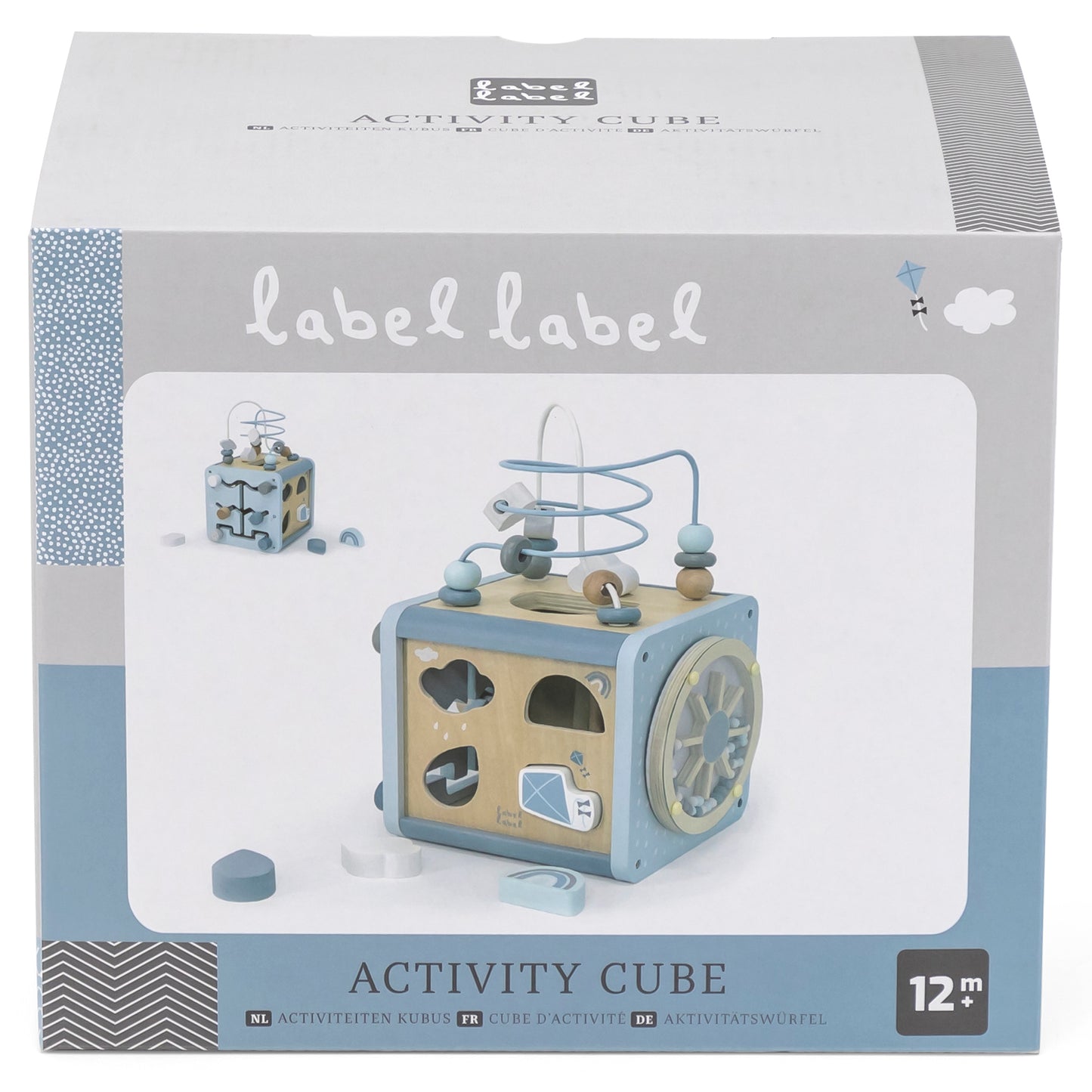 Blue and natural wood 5-in-1 activity cube with bead maze, shape sorter, clock, and spinning gears on packaging