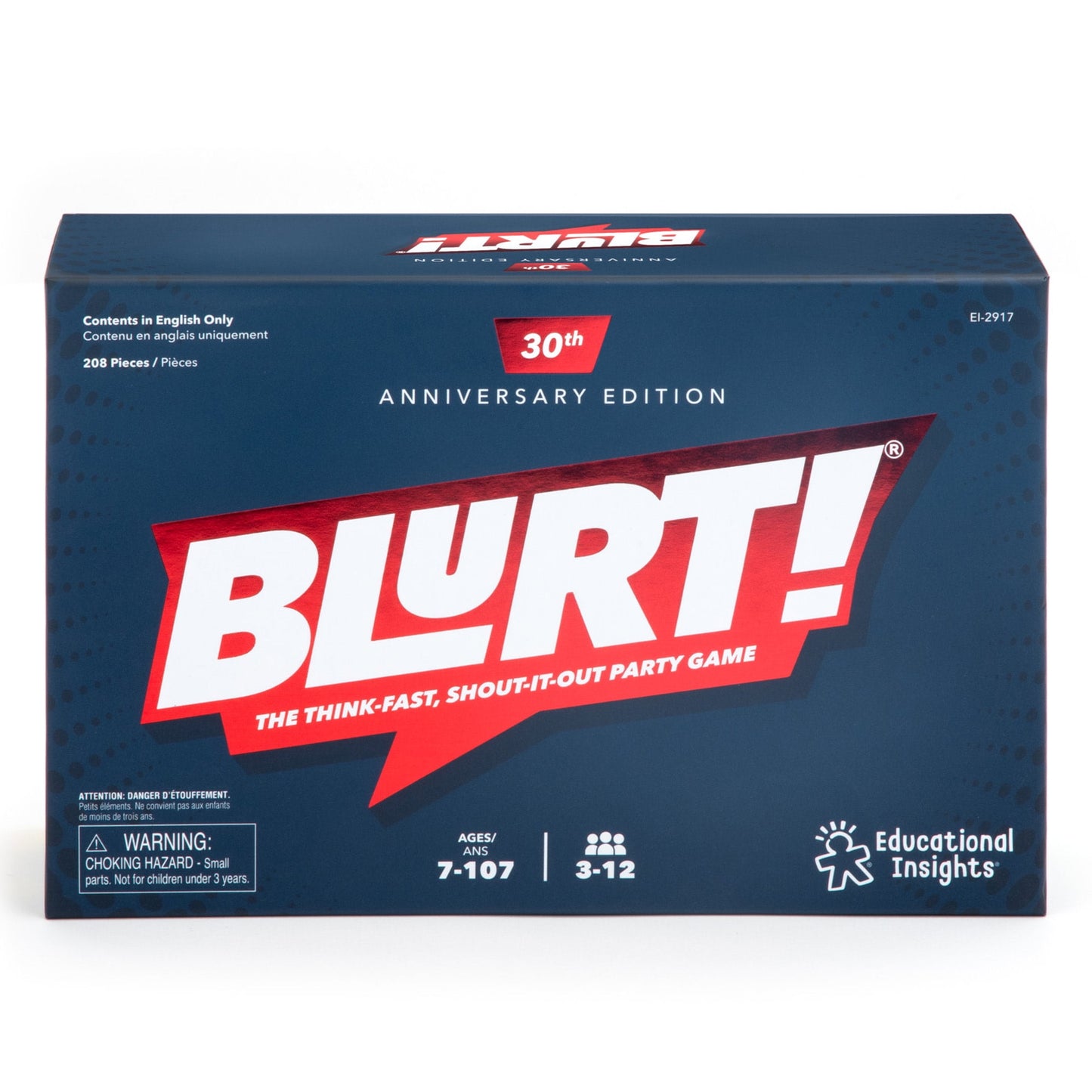Blurt 30th Anniversary Edition party game box with red and blue design