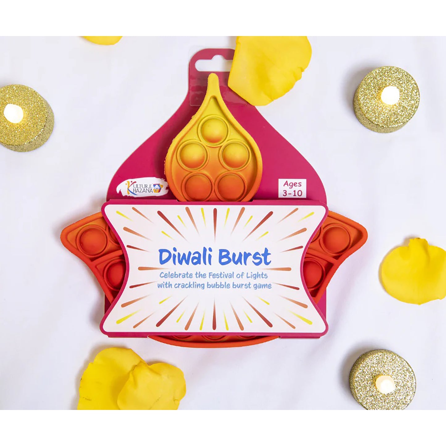 Diwali Burst bubble fidget toy in red, orange and yellow with popping bubbles, ages 3-10