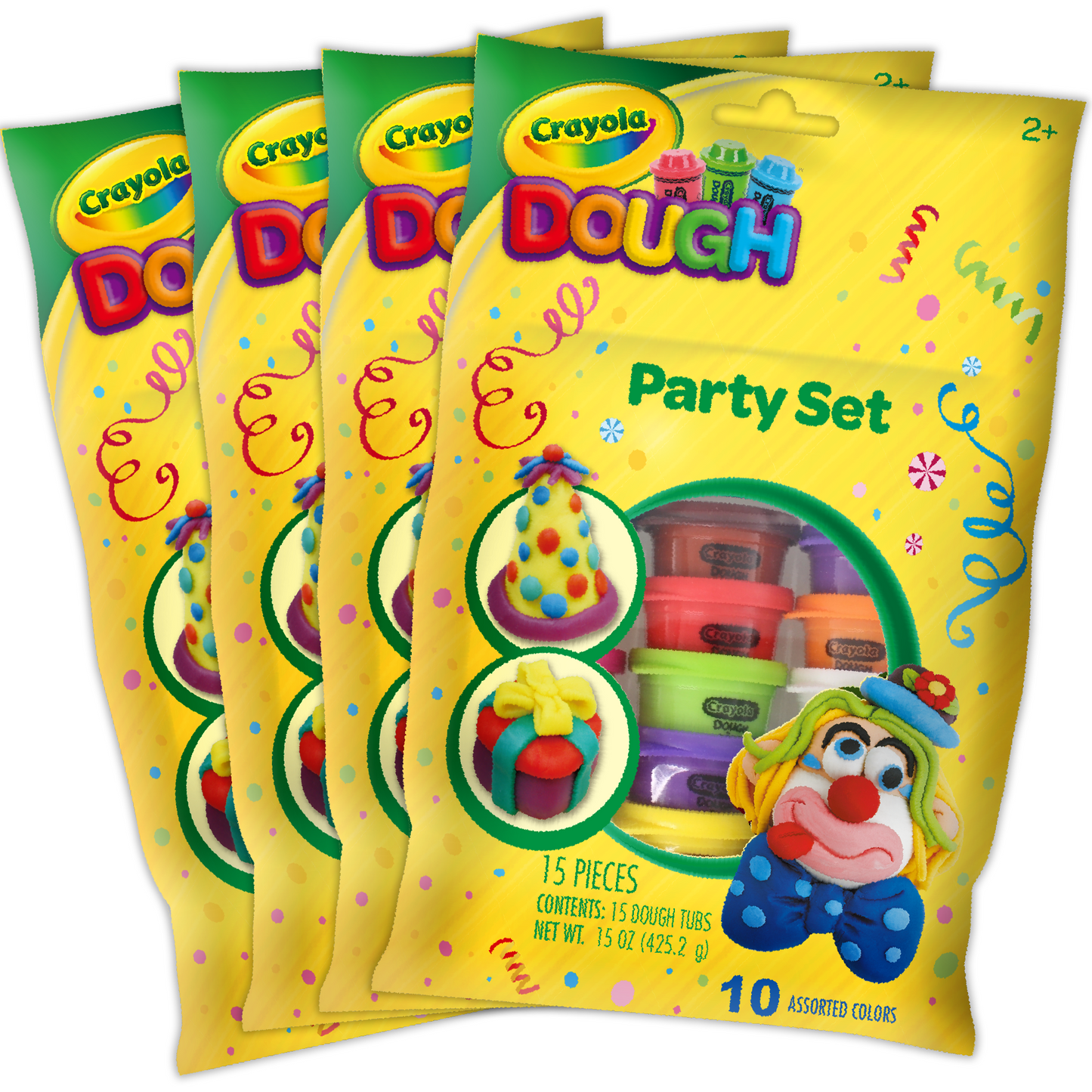Four yellow Crayola Dough Party Set pouches stacked, showing colorful dough containers, clown character, and text '15 Pieces, 10 Assorted Colors'