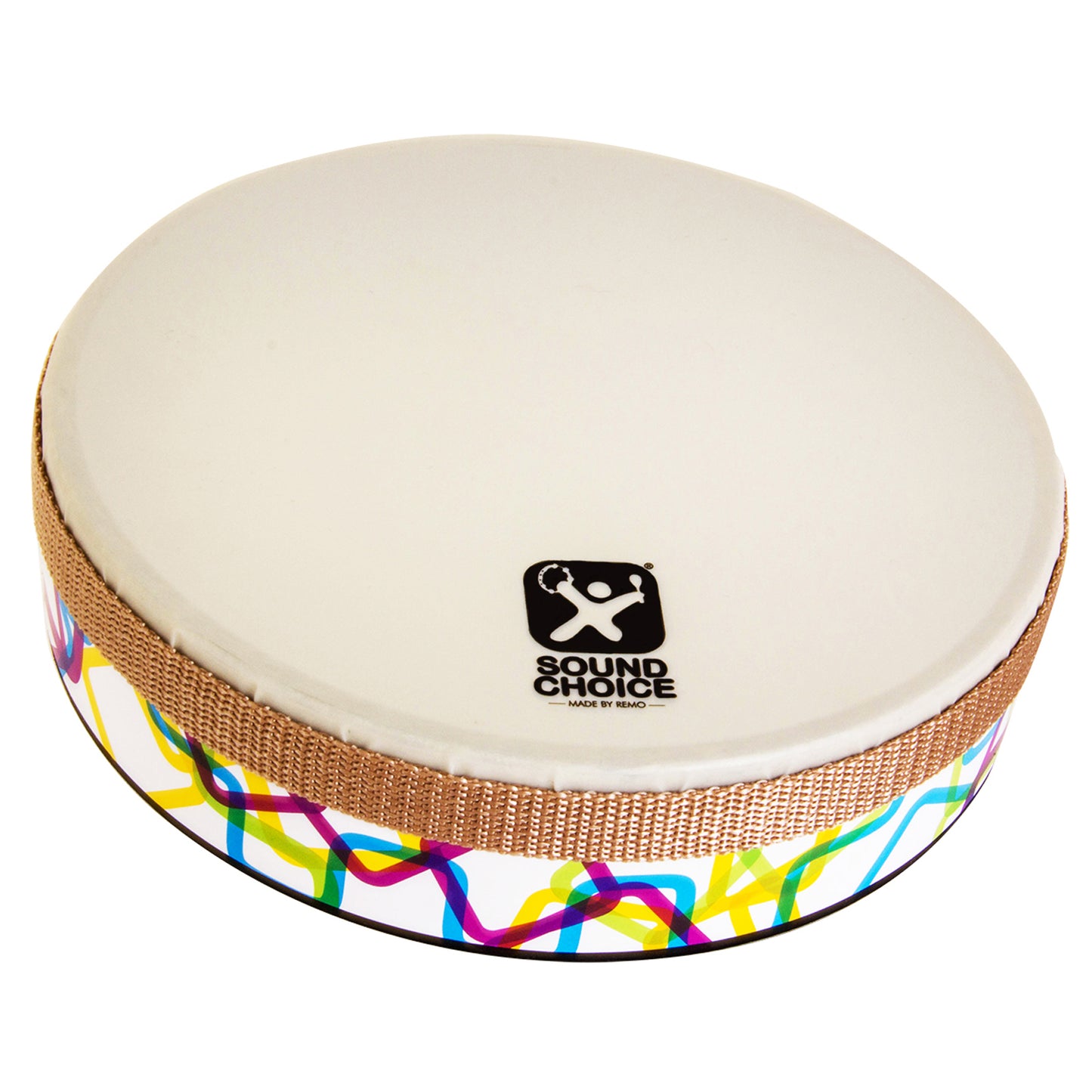 Hand drum with white head and tan woven strap, colorful rainbow geometric pattern on side, Sound Choice logo on drumhead