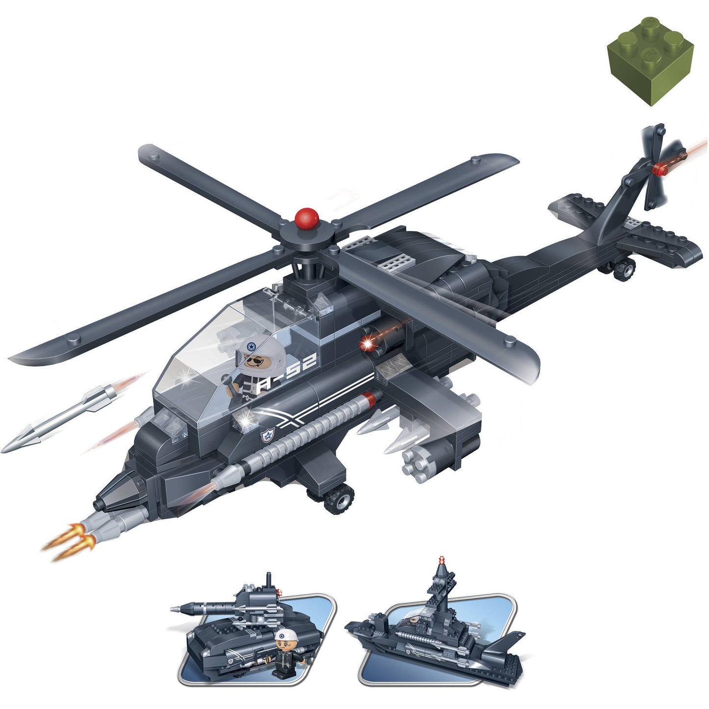 Black military helicopter building set with rotating blades, weapons, and cockpit detail; includes green brick, missile, and two smaller vehicle configurations