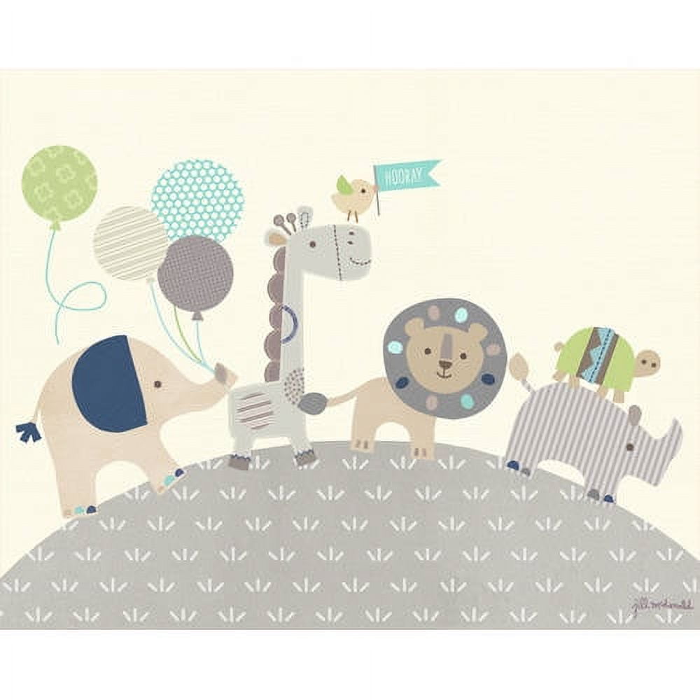 Illustrated canvas art featuring stylized animals in pastel colors: elephant with balloons, giraffe with flag, lion, and hippo on a hill with grass, cream backg
