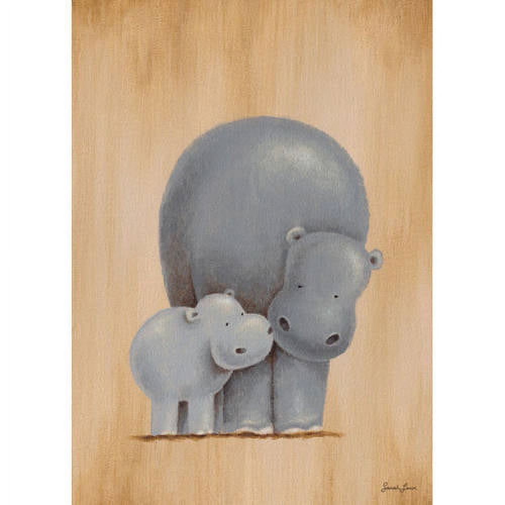 Gray mother hippo nuzzling two smaller baby hippos on tan wood-textured background, canvas wall art
