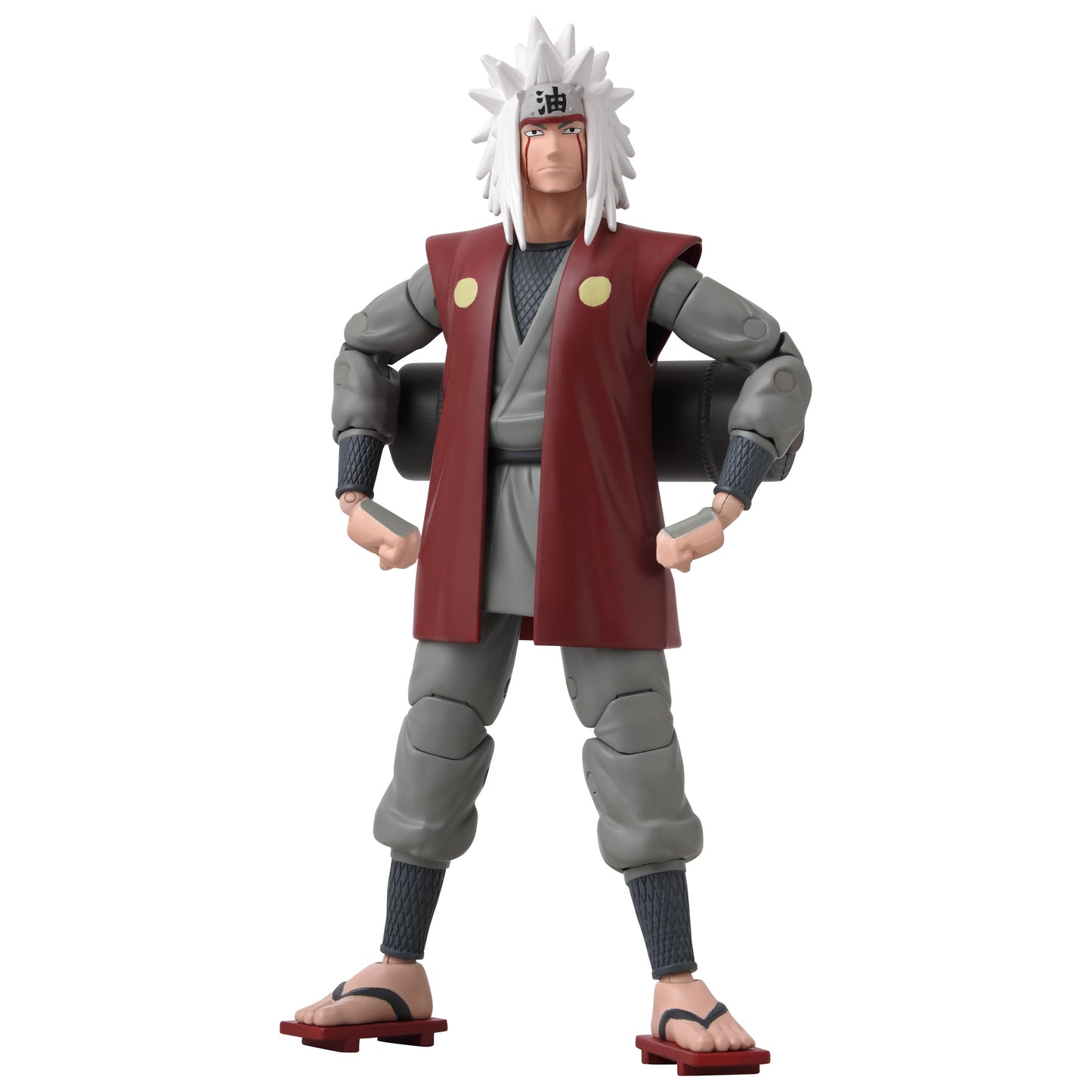 Jiraiya action figure with white spiky hair, red forehead protector, red vest over gray outfit, and red sandals, posed with hands on hips