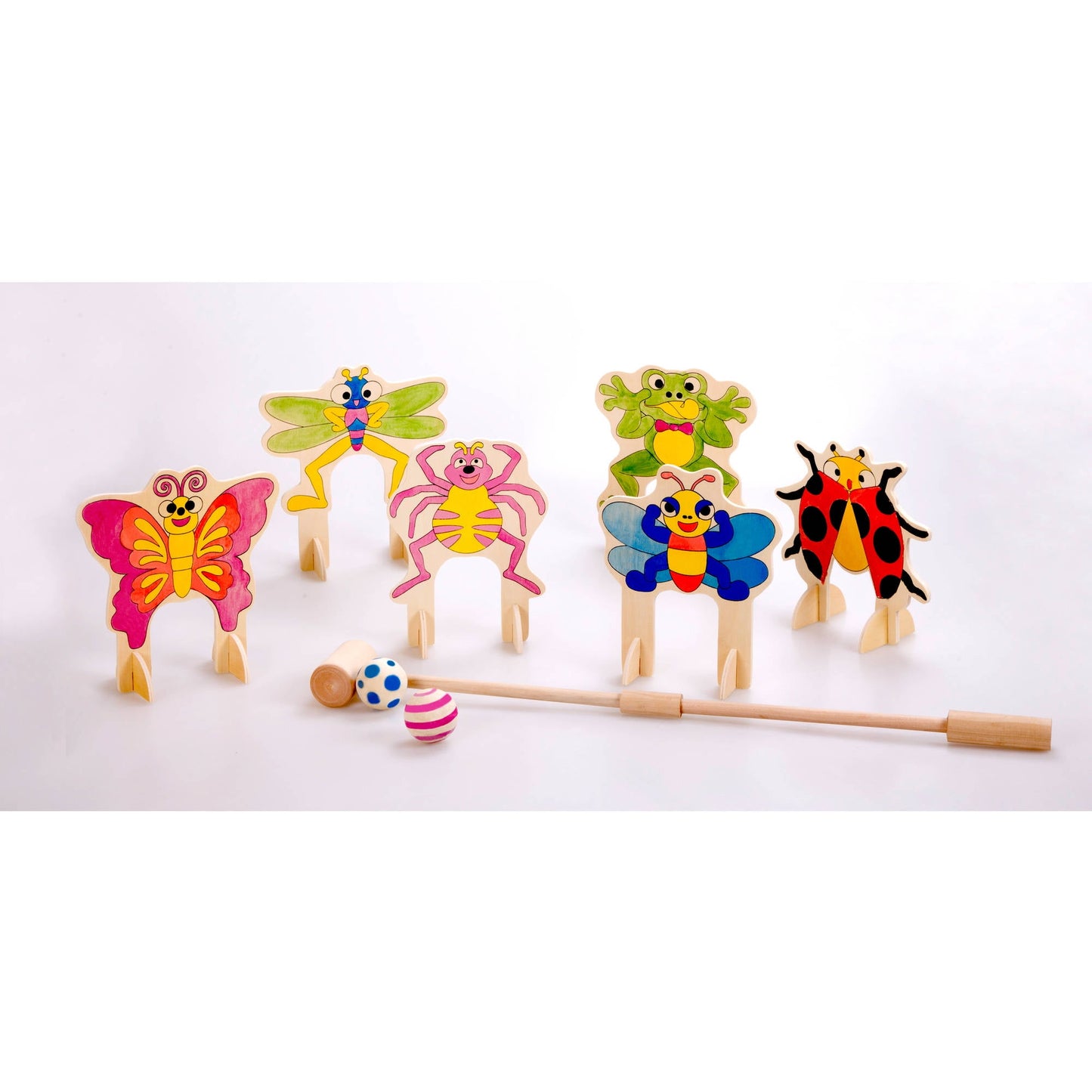 Wooden bug-themed mini golf set with colorful insect figures including butterfly, dragonfly, spider, frog, bee, and ladybug; includes golf club and striped ball