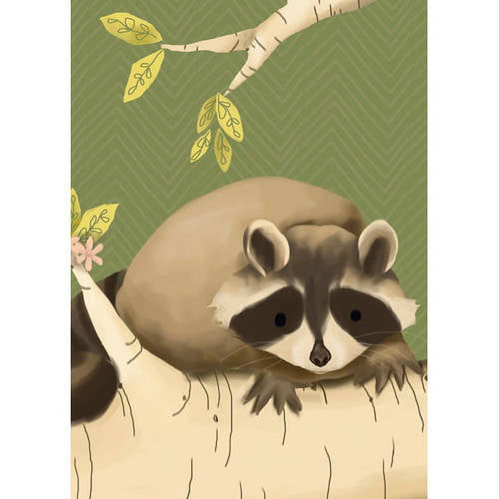 Illustrated raccoon on a branch reaching toward yellow leaves against a green background, canvas wall art