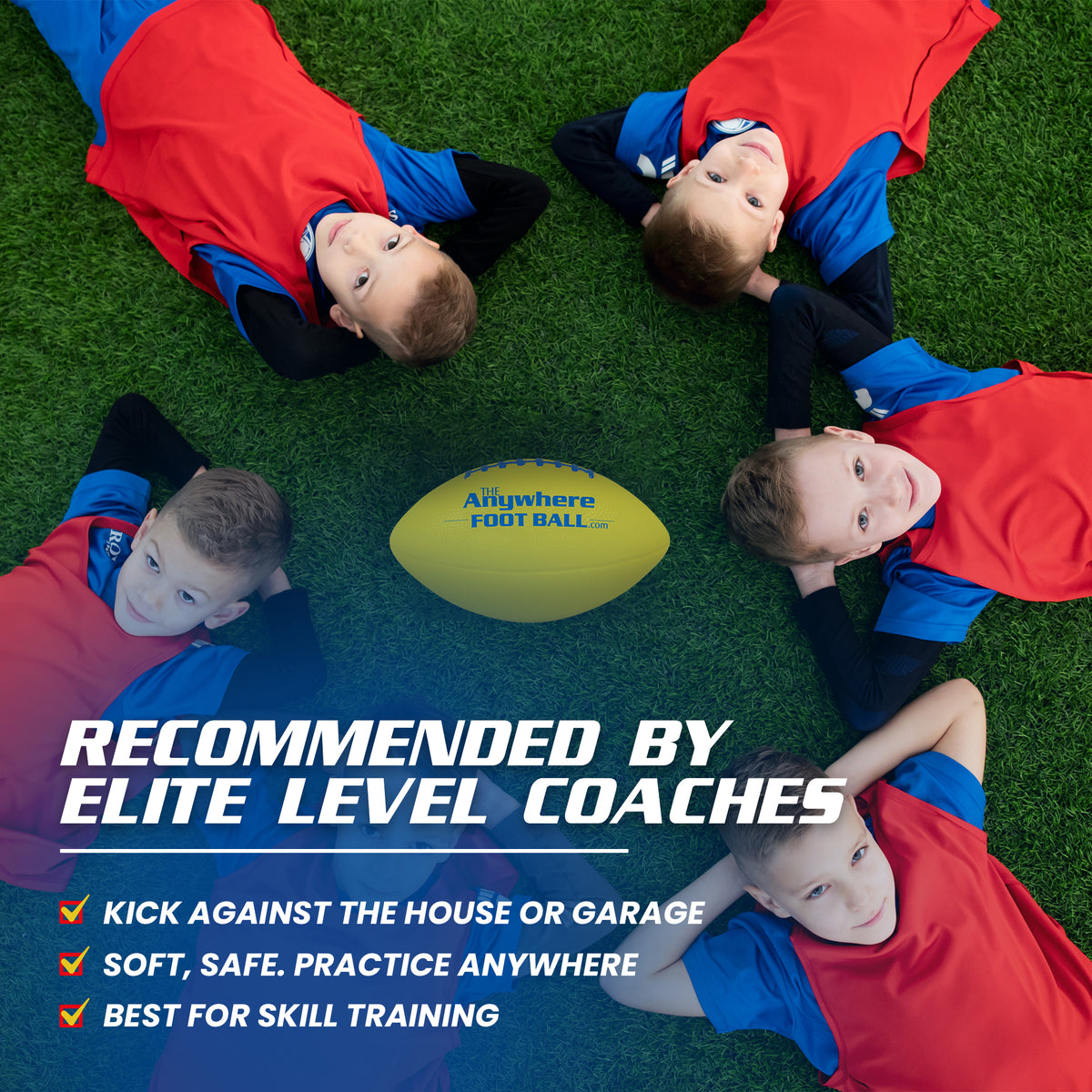 Anywhere Football yellow soft practice ball with kids in red and blue uniforms