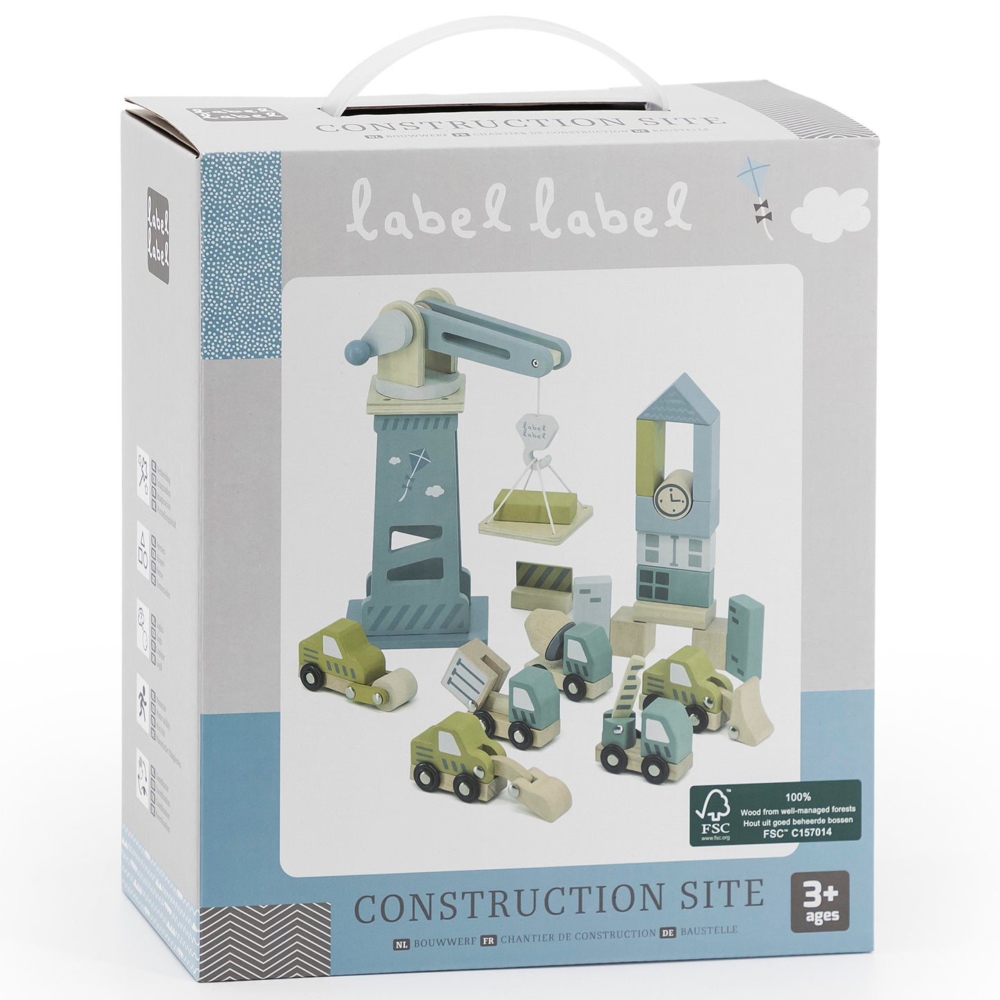 Wooden Construction Site Set by Label Label with crane, tower, and green and cream wooden vehicles