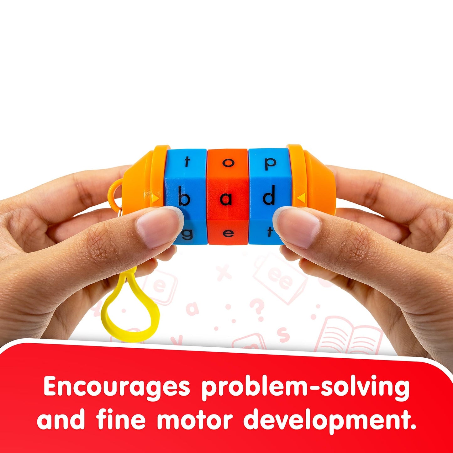 Junior Learning Word Tumbler with blue, red, and orange rotating cylinders spelling CVC words, held in hands