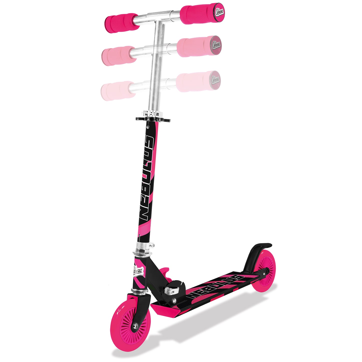 Ozbozz Nebulus kids' scooter in pink and black with adjustable handlebar grips, light-up wheels, and dual brakes