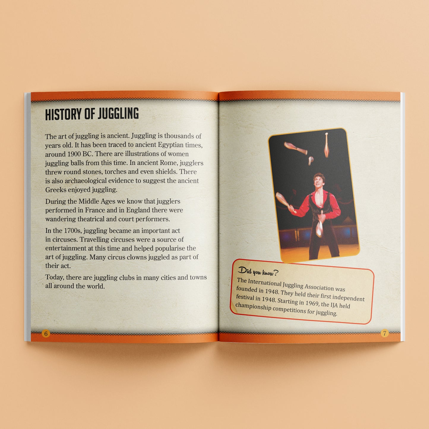 Hinkler Retro Box Learn Juggling book open showing history of juggling with juggler image