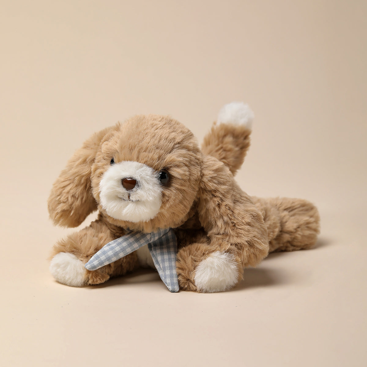 Cute Pet Series Cocker Spaniel 7-inch plush toy in tan and white with blue checkered collar