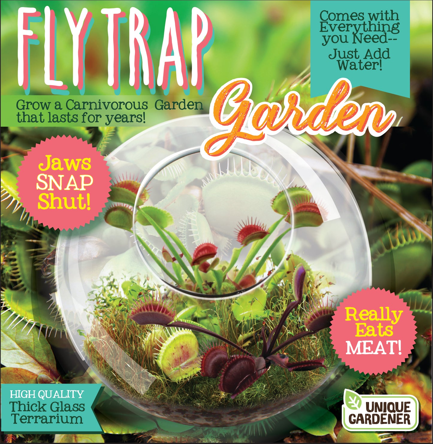 Flytrap Garden product packaging showing a glass terrarium kit containing carnivorous plants with red and green Venus flytraps and moss, labeled with features i