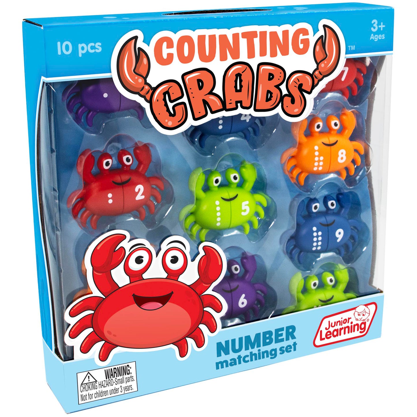 Counting Crabs number matching set with 10 colorful crab toys in red, orange, green, and blue