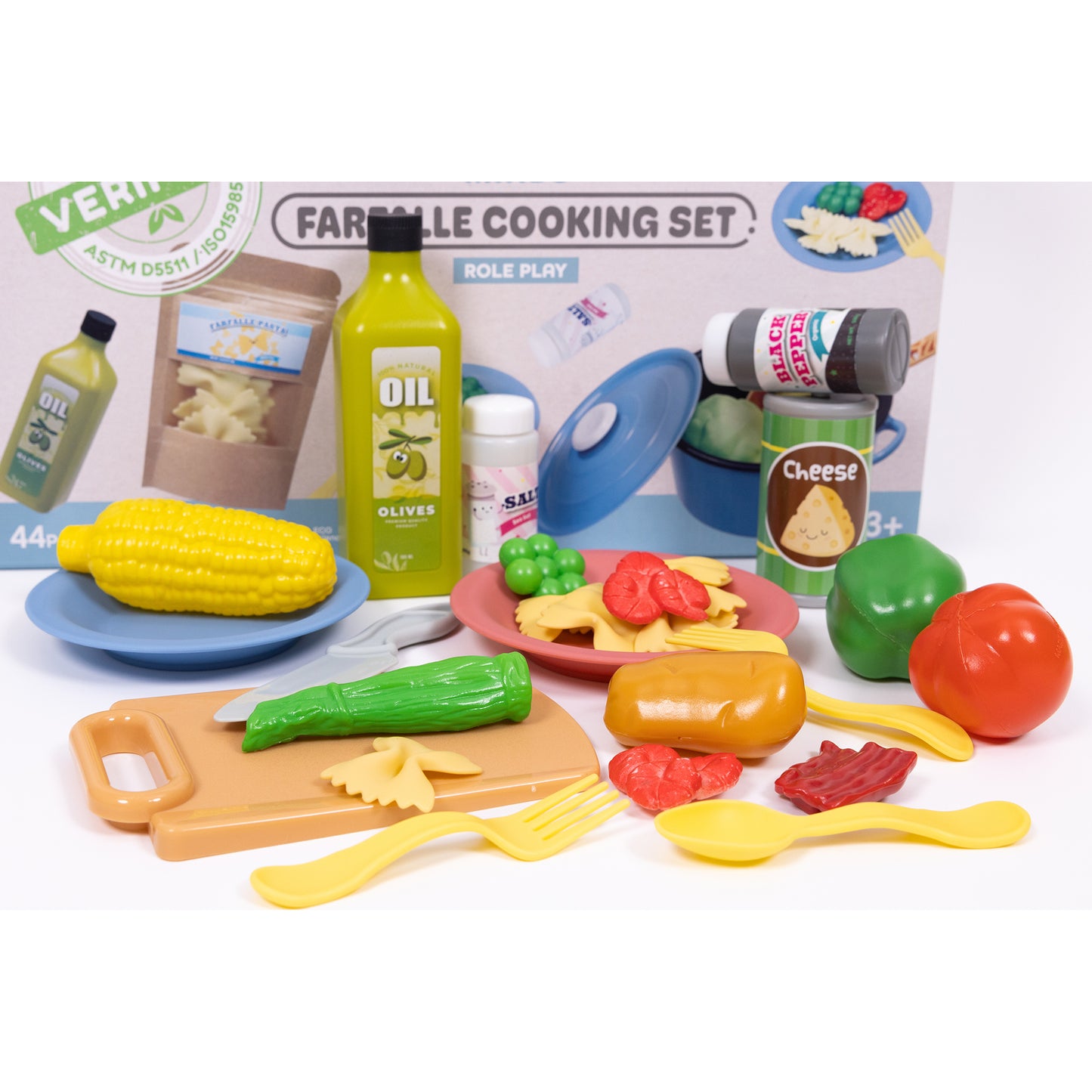 Farfalle Cooking Set role play toy with plastic food items including corn, vegetables, pasta, cheese, oil bottle, cutting board, plates, utensils, and play ingr