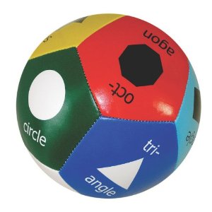 Multicolor Thumball Interactive Shapes Learning Ball with labeled panels showing shapes and colors including circle, triangle, square, and rectangle on a plain