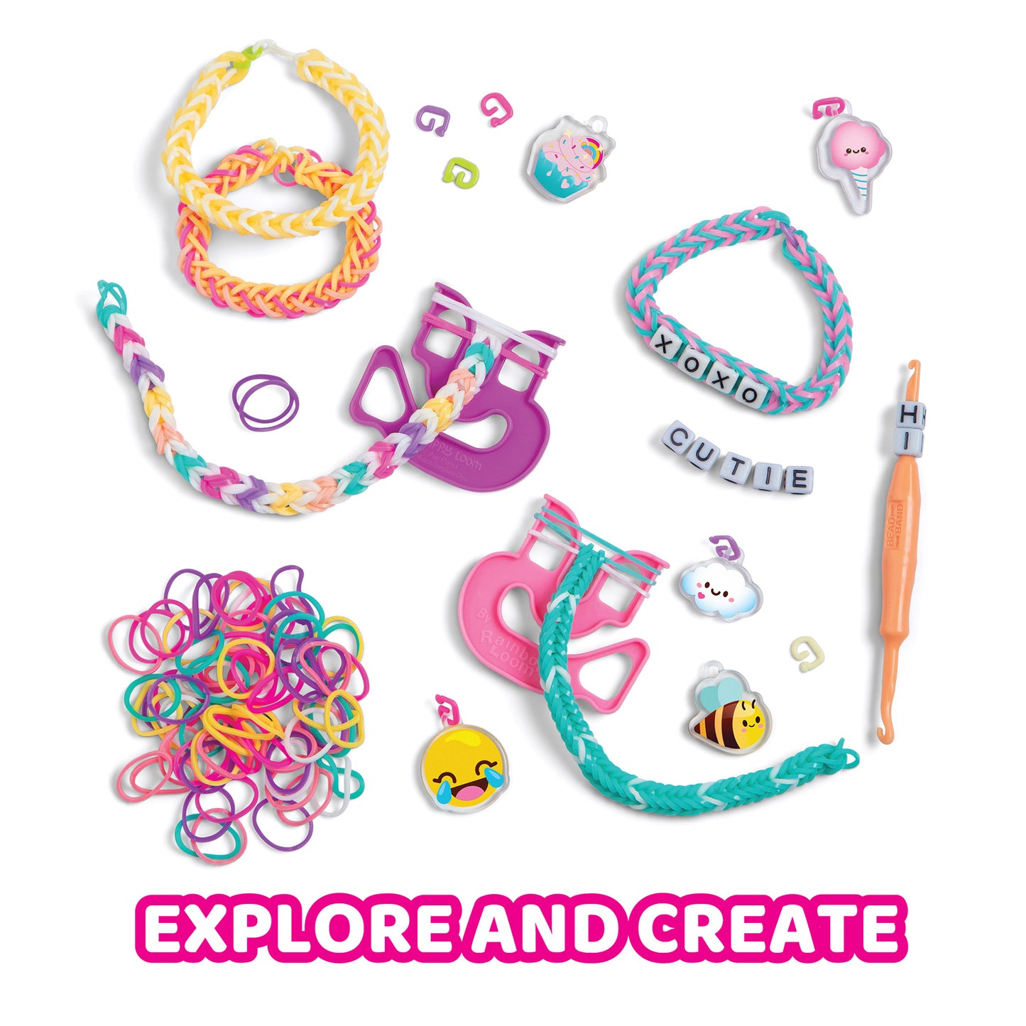 Rainbow Loom Forever Friends kit with colorful rubber bands, loom tools, charms, and beads for bracelet making