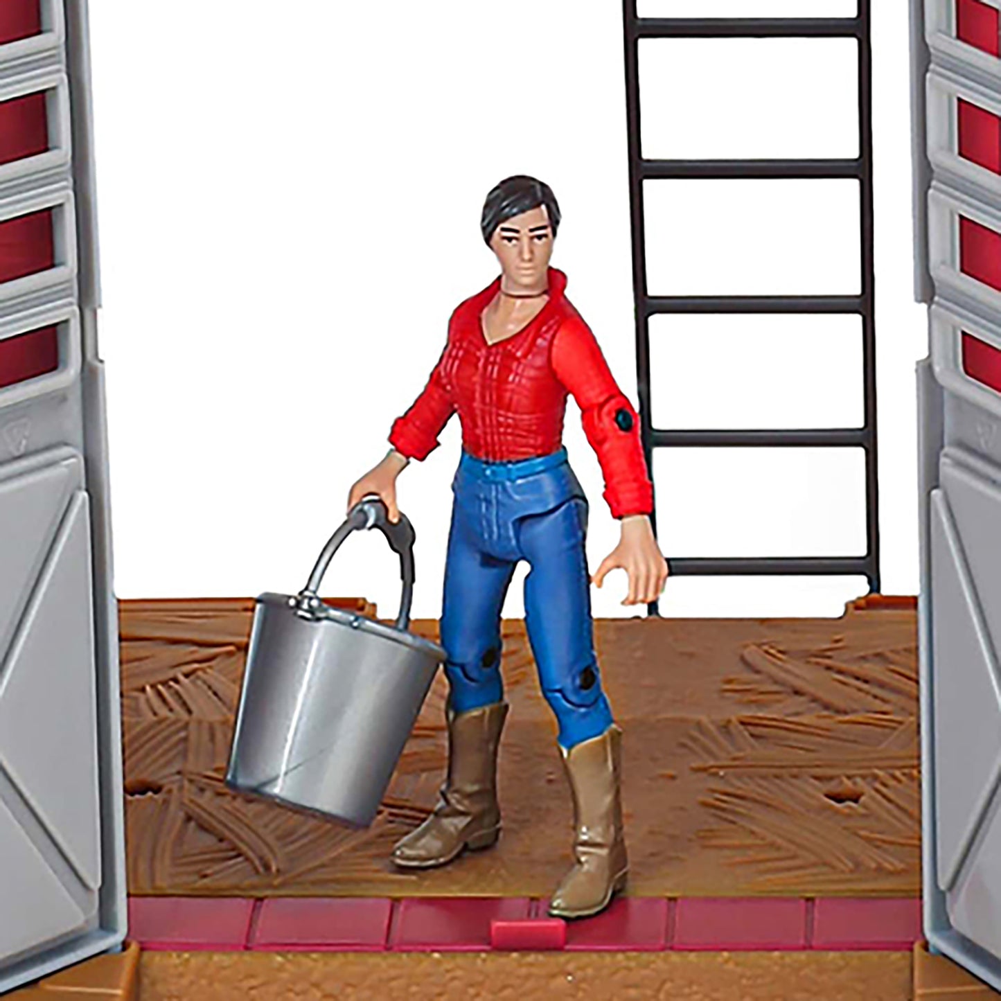 Big Country Toys Dairy Barn Playset farmer figure in red shirt holding bucket