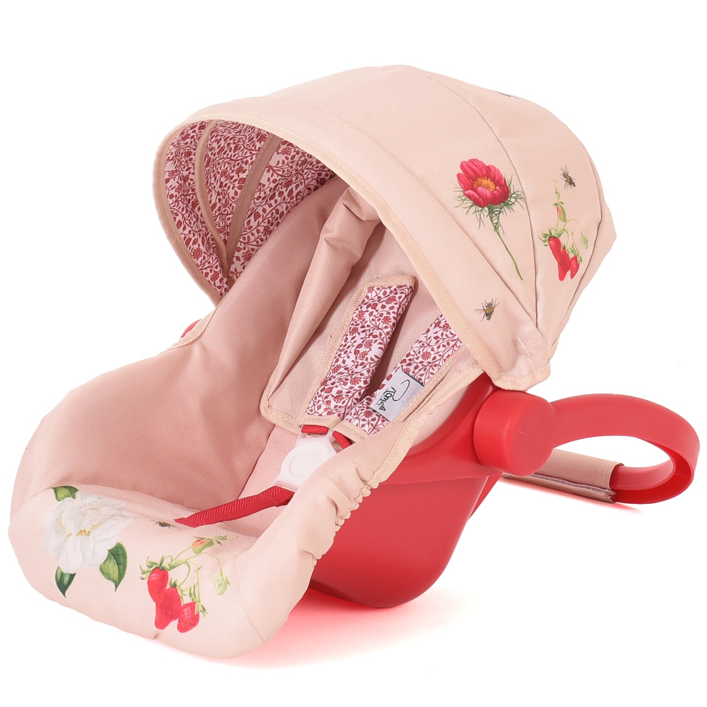 Roma RHS Flora Doll Car Seat with pink floral design, hood, and red harness