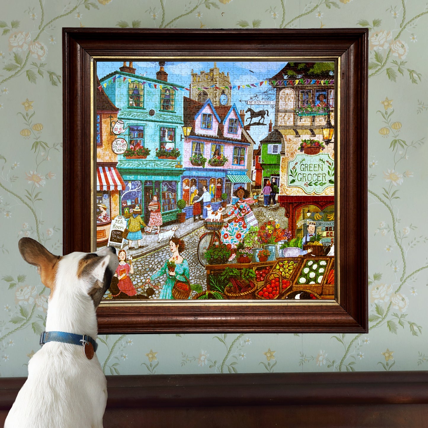 eeBoo Village By The Sea 1000-Piece Puzzle featuring colorful cottages, shops, and seaside town details