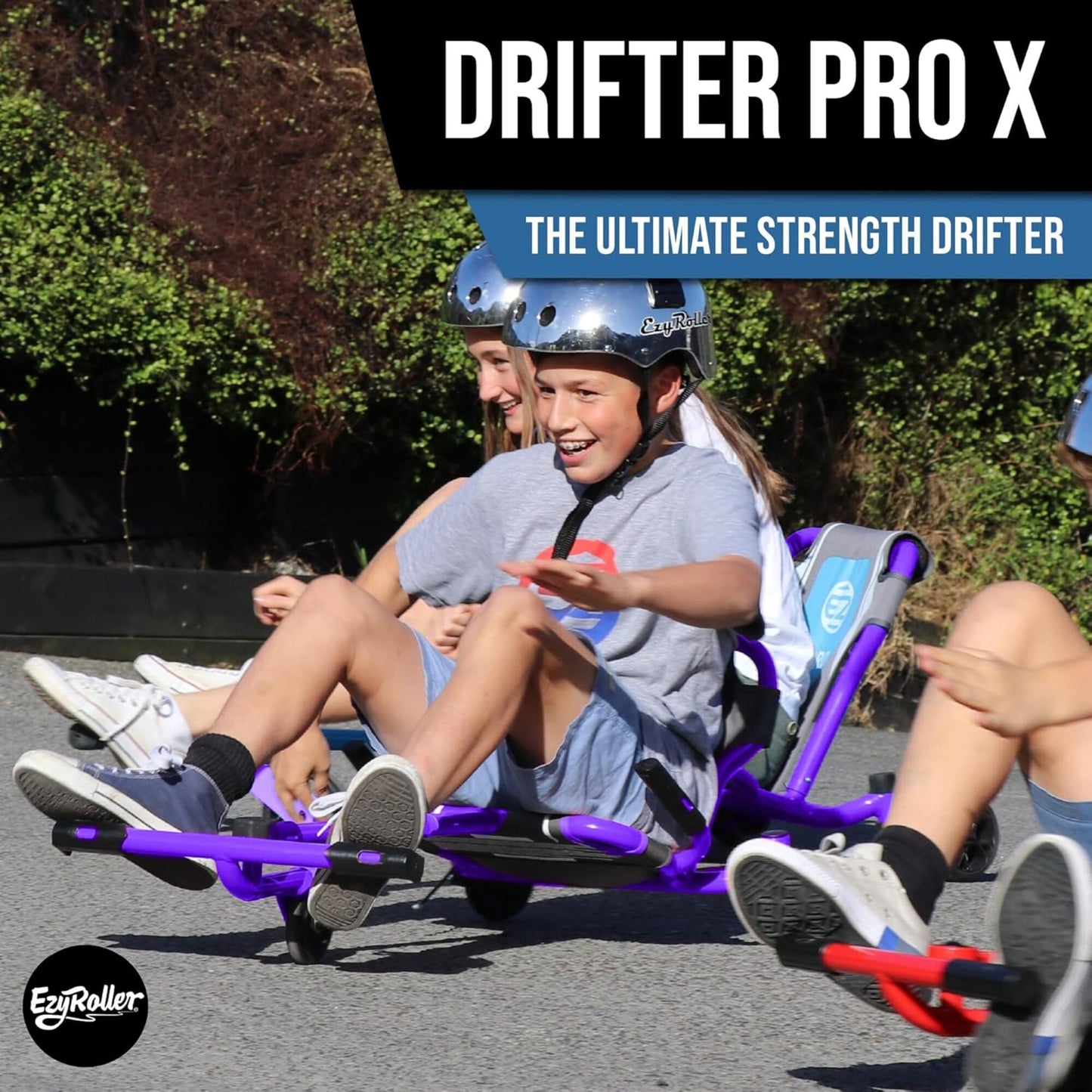 EzyRoller Drifter Pro X purple ride-on toy with girls wearing helmets