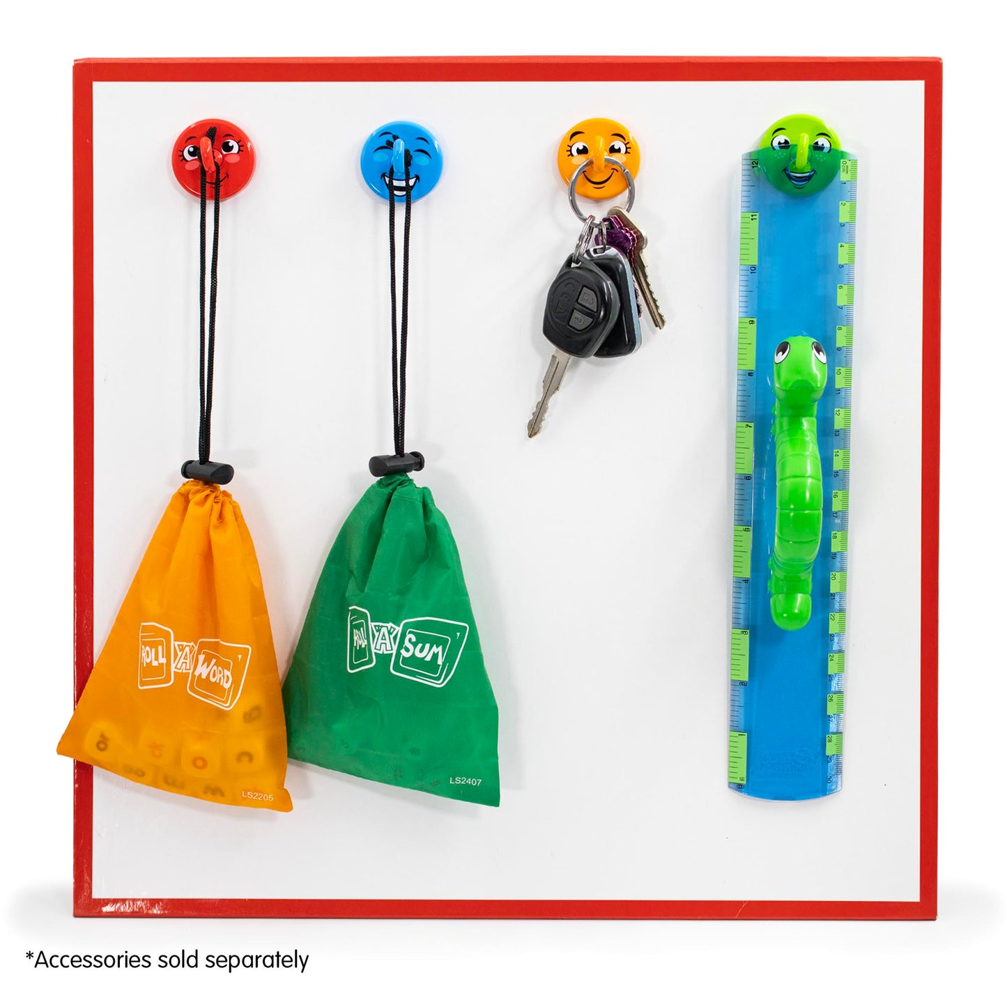 Happy Hooks organizer with colorful face-topped hooks in red, blue, orange, and green