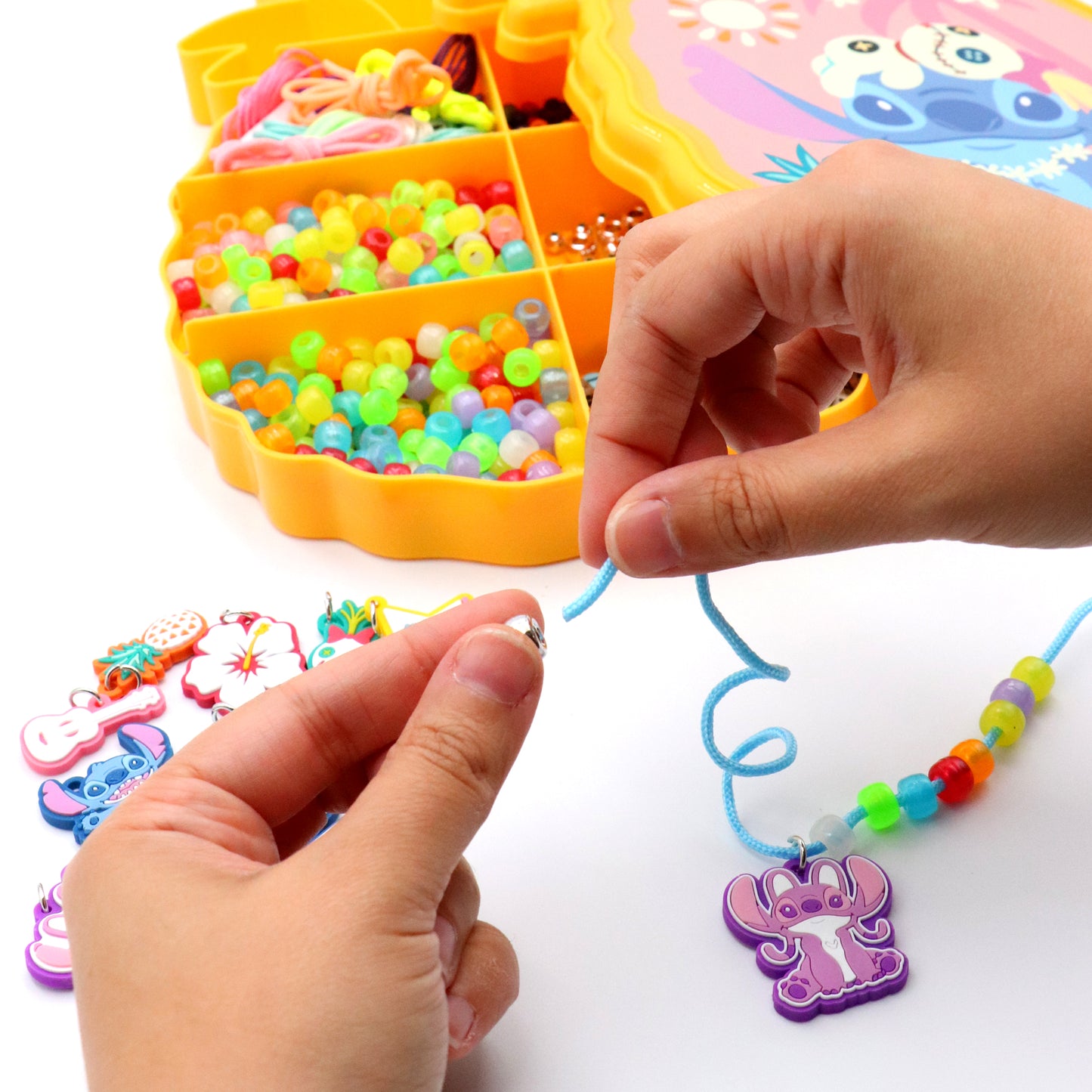 Disney Stitch Jewelry Activity Set with colorful beads, blue cord, and glow-in-the-dark charm