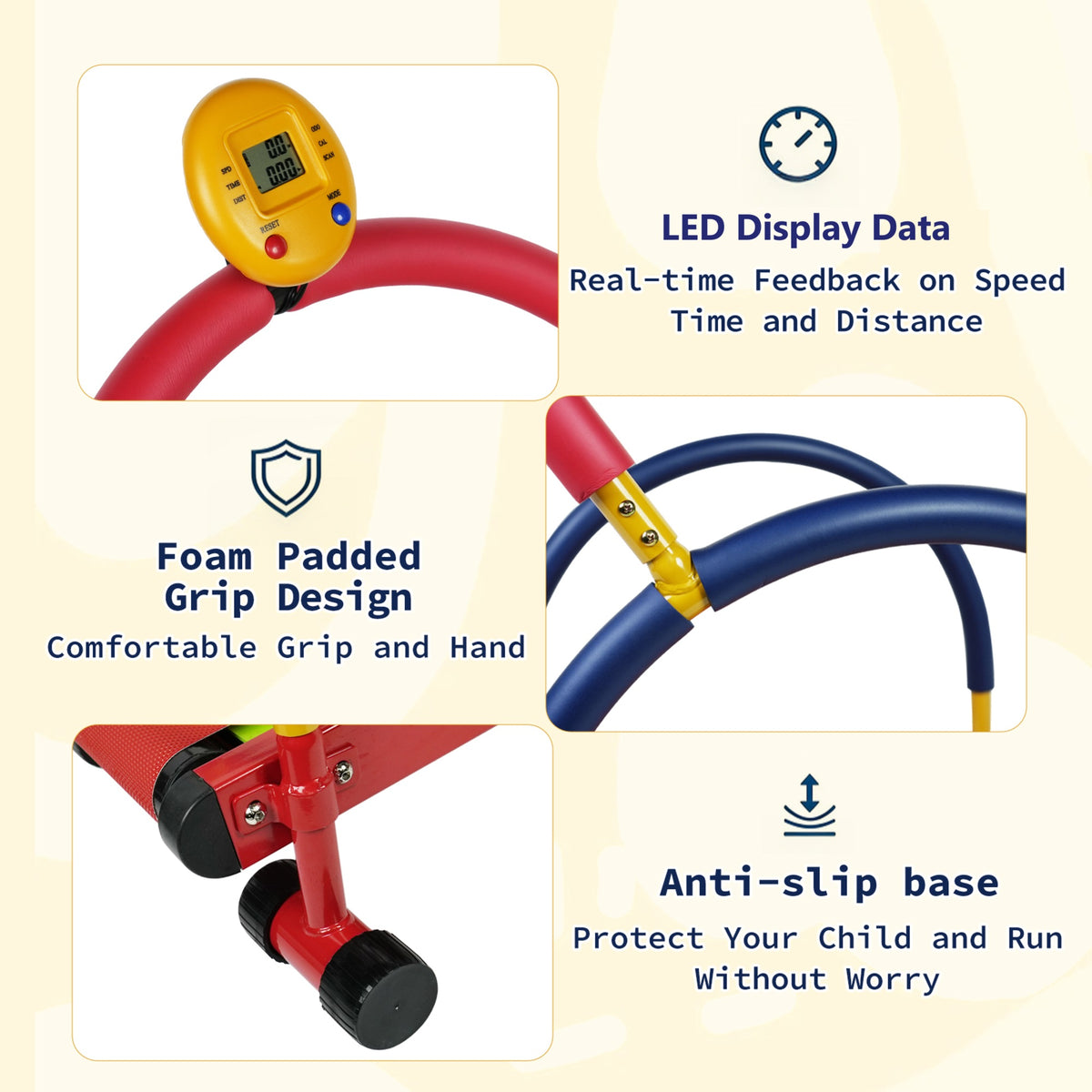 Kids non-motorized treadmill with red platform, blue and yellow accents, and yellow digital fitness tracker display