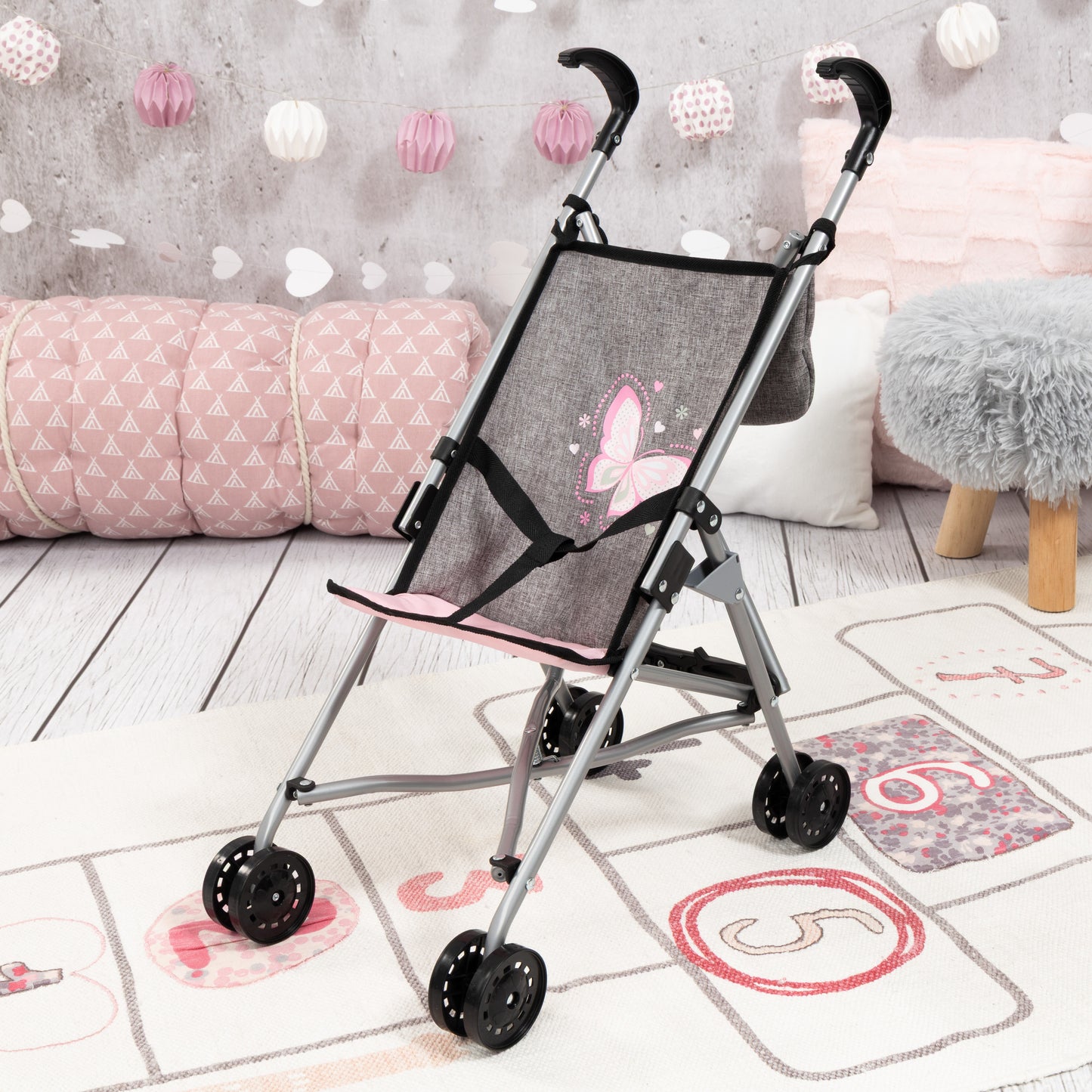 Bayer Design Dolls Buggy in grey and pink with butterfly design and silver frame