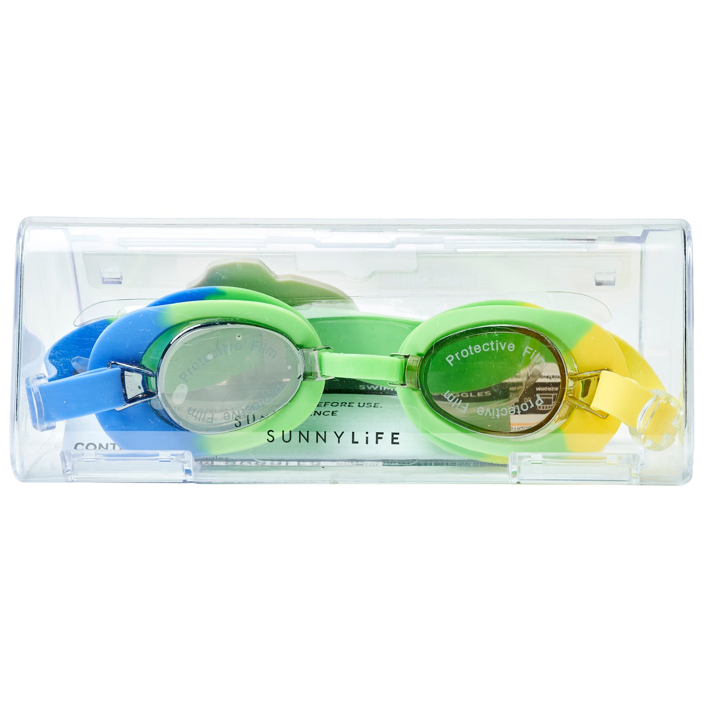 Eli the Elephant swimming goggles in blue, green, and yellow with protective lenses