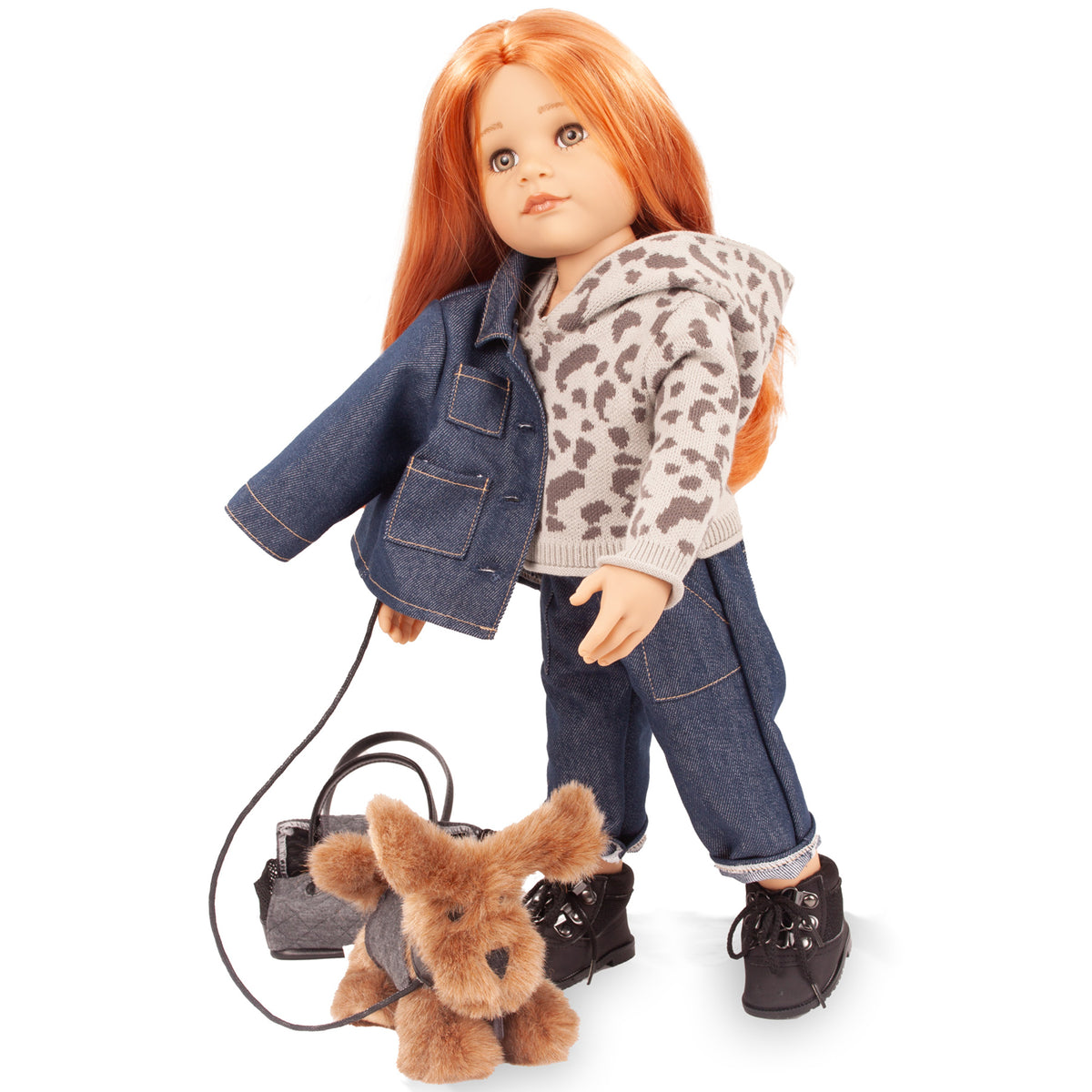 Gotz Hannah doll with red hair wearing denim jacket and leopard sweater, holding leash of brown plush dog Polly