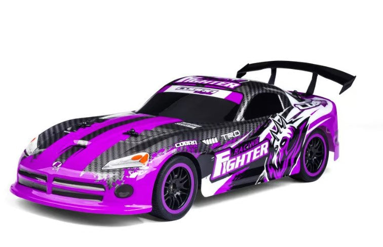Bright magenta and black RC racing car with white accents, large rear wing, and aggressive graphics on plain white background