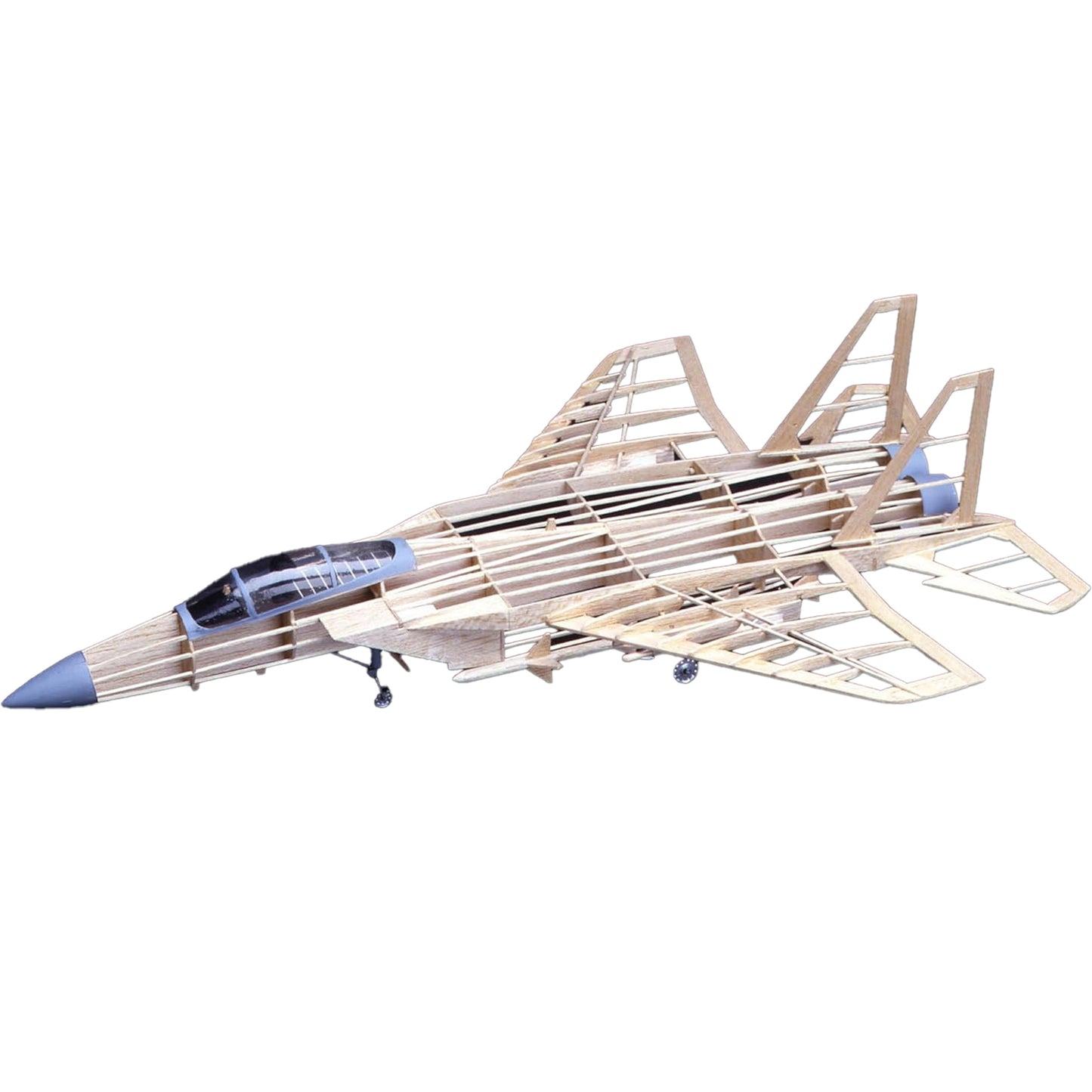 F-15 Eagle Model Kit with wooden frame structure and blue accents