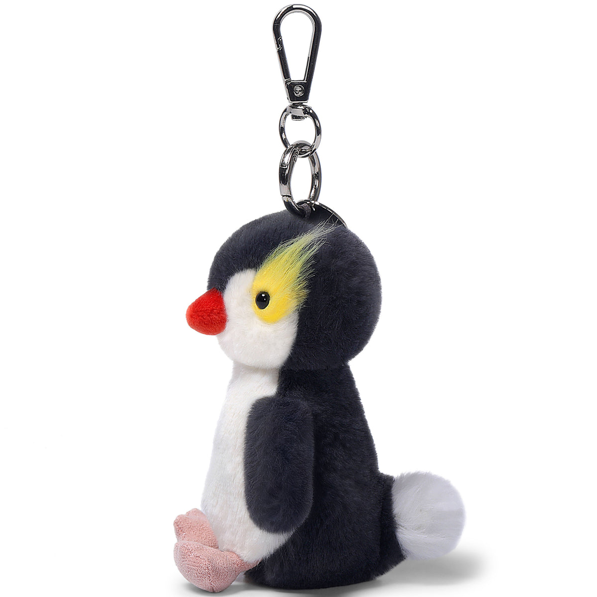 McHugs Macaroni Penguin Bag Charm Plush with black and white body, yellow crest, red beak, and metal carabiner clip