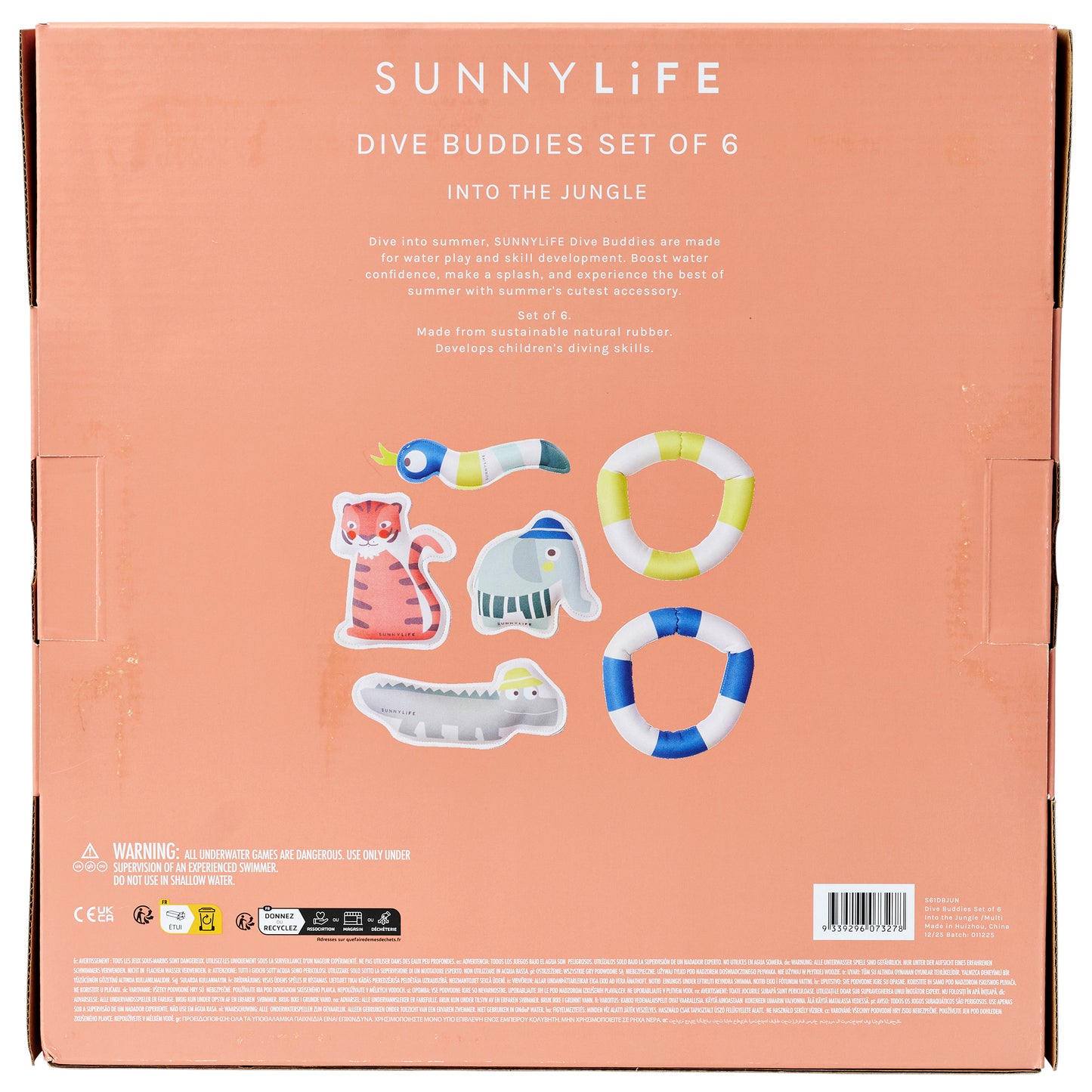 SUNNYLIFE Dive Buddies Set of 6 jungle-themed diving toys with colorful rings and animal figures