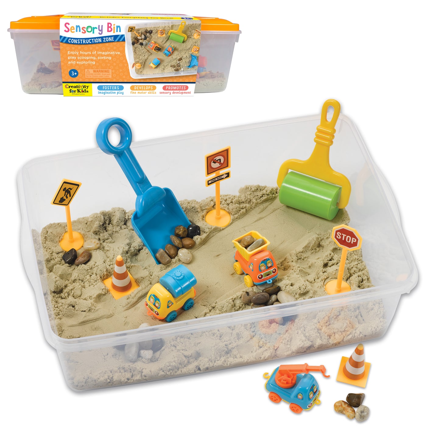 Sensory Bin Construction Zone with clear plastic bin containing sand, toy construction vehicles, blue shovel, green roller, traffic cones, stop sign, and rocks