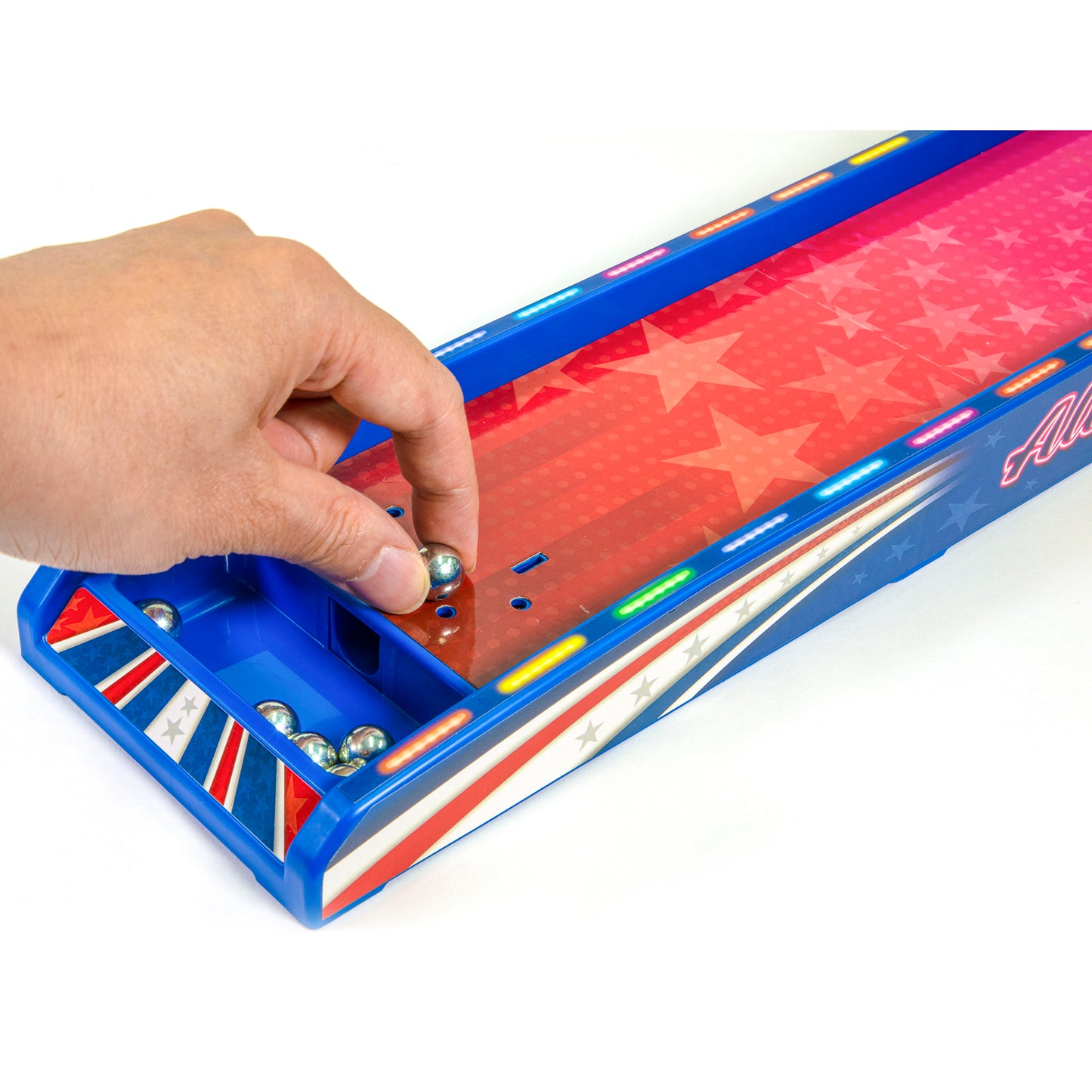 Retro Arcade Electronic Alley-Ball handheld game with blue and red design