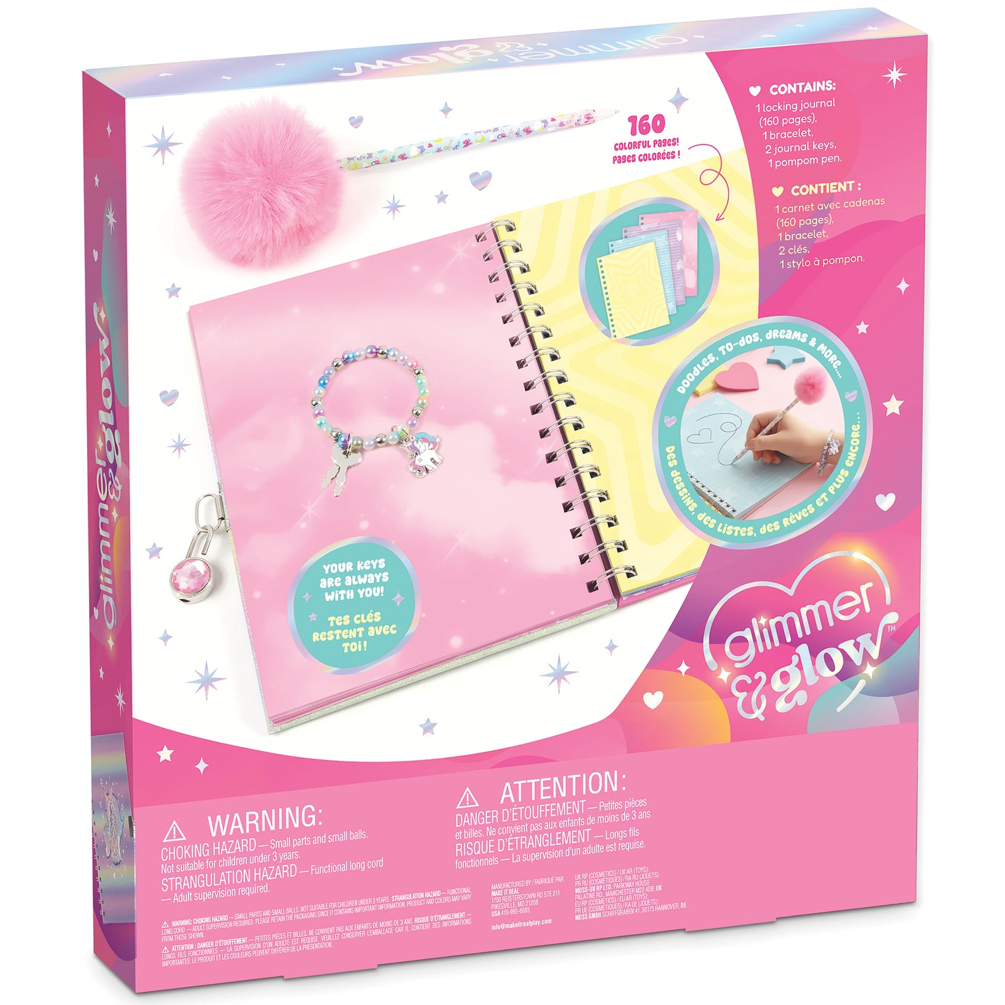 Glimmer & Glow pink locking journal with pom pom pen, charm bracelet, and key holder
